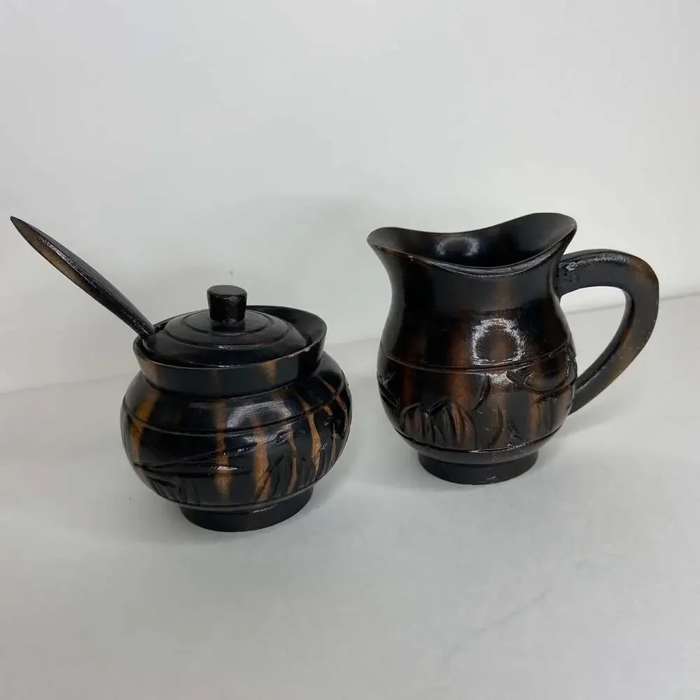 Vintage Wooden Handcarved Cream & Sugar Dishes
